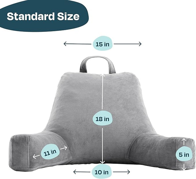 LINENSPA Reading Pillow with Shredded Memory Foam- Back Pillow for Sitting in Bed, Reading, Gaming, Watching TV – Chair Pillow with Arms, Dorm Room Essentials, Stone