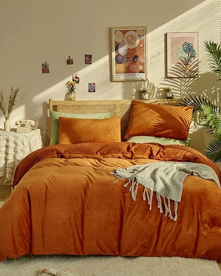 CLOTHKNOW Burnt Orange Velvet California King Comforter Sets Fluffy Bedding Comforter Sets Soft Terracotta Comforter with 2 x Pillow Cases