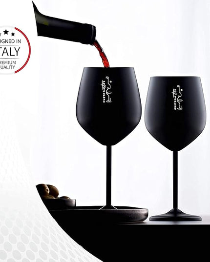 Gusto Nostro Stainless Steel Wine Glass - 18 oz - Unbreakable Black Wine Glasses for Travel, Camping and Pool - Fancy, Unique and Cool Portable Metal Wine Glass for Outdoor Events, Picnics (Set of 2)