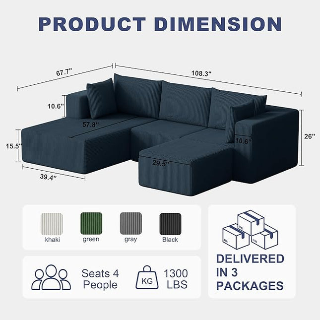 108" Boneless Couches for Living Room, Modular Cloud Couch Sofa - 4 Pieces U Shap Corduroy Sectional Sofa, Fluffy Memory Foam Sleeper Sofa Furniture, No Assembly, Wide Armrest, Navy Blue