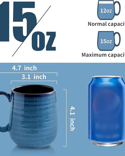 HASENSE Coffee Mugs Set of 4, 12 Ounce Ceramic Coffee Cups with Handle, Large Mug Set for Latte, Tea, Chocolate, Modern Cup Gift for Men and women, Dishwasher & Microwave Safe(Blue)