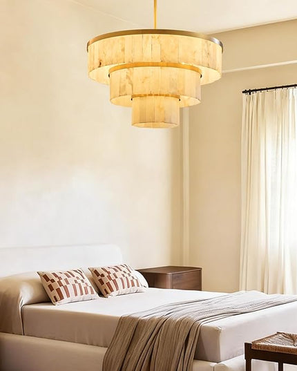 D34.3 Round Alabaster Chandelier, 3-Tier Brass Marble High Ceiling Chandeliers, Modern Dining Room Chandeliers Living Room Light for Entryways, Foyer, Stair, Kitchen Gold(Include Bulbs)
