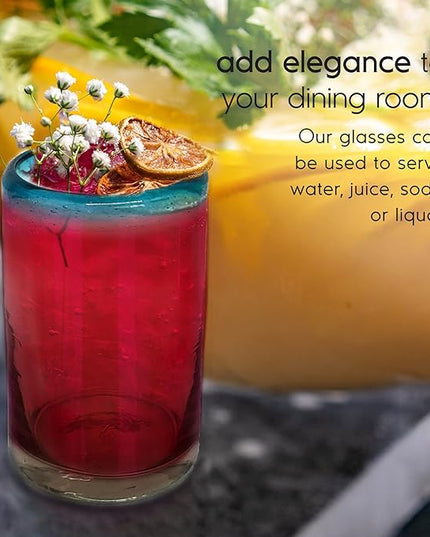 Aqua Blue Rim 9 oz Juice Glasses (set of 6) Mexican Handmade Glassware, Recycled Glass, Lead-free, Toxin-Free (Juice)