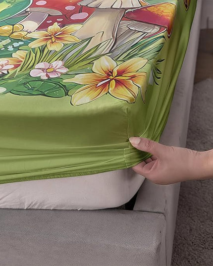 AILONEN Cartoon Green Frog Sheet Set Twin XL Size for Kids Girls Boys,Kawaii Green Wild Animals Bedding Set,Mushroom and Butterfly Bed Sheets,Super Soft Microfiber,1 Fitted Sheet and 2 Pillowcases