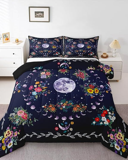 Sun and Moon Kids Comforter Set Queen Size,Starry Sky Galaxy Trippy Bedding Set,Boys Girls Adults Room Decor,Flowers Boho Exotic Retro Down Comforter,Colorful Mystical Duvet Insert,2 Pillowcases