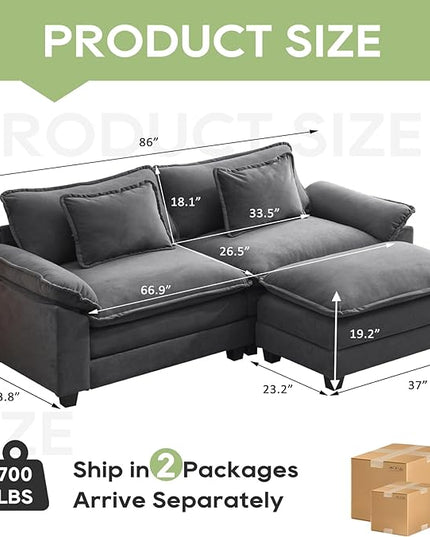 86" Modular Sectional Sofa, Comfy Cloud Couch Sectional Sofa with Ottoman, Velvet Sofa Sleeper Deep Seat Sofa with Throw Pillows for Living Room (Blue Gray, 86"- L Shape)