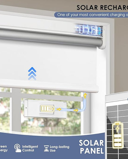 Motorized Roller Blinds with Remote Control & Solar Panel - 100% Blackout Smart Blinds, Automatic, Cordless, Electric Shades - Compatible with Alexa -White
