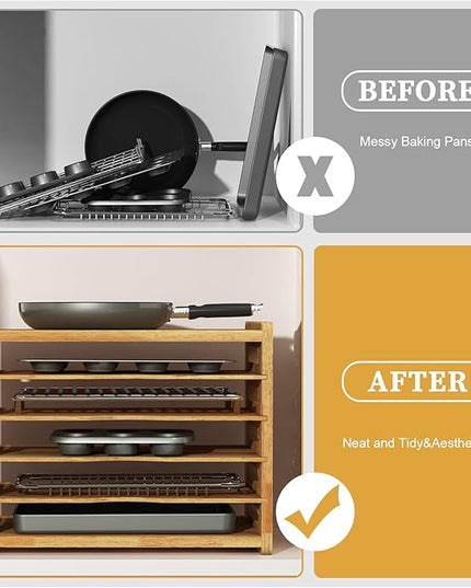 6 Tier Rubber Wood Tray Dividers for Cabinets, Heavy Weight Kitchen Vertical Tray Divider Organizer, Storing pans, Baking trays, Cutting Board(16.73" W x 14.13" H x 12.4" D)