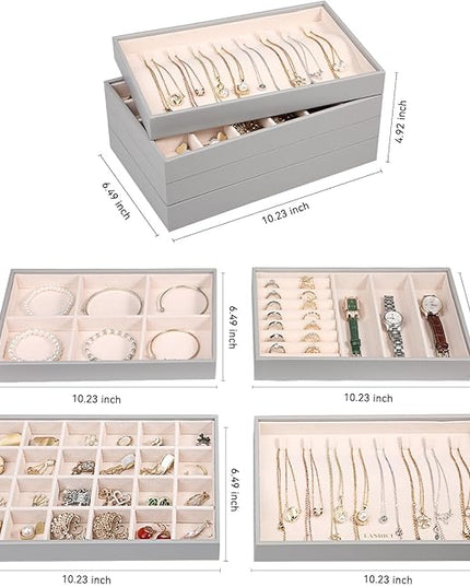 LANDICI Stackable Jewelry Organizer Trays 4 Set,PU Leather Jewelry Organizer Drawer,Jewelry Storage Display Tray for Earring Necklace Rings Bracelet with Removable Dividers,Grey