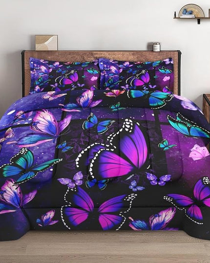 Twin Size Comforter Set with Pillowcase, Summer Tropical Purple Butterfly 2 Pcs Bedding for Kids and Adults, Vintage Spring Galaxy Space Soft Comforter Set for Bedroom Bed Decor