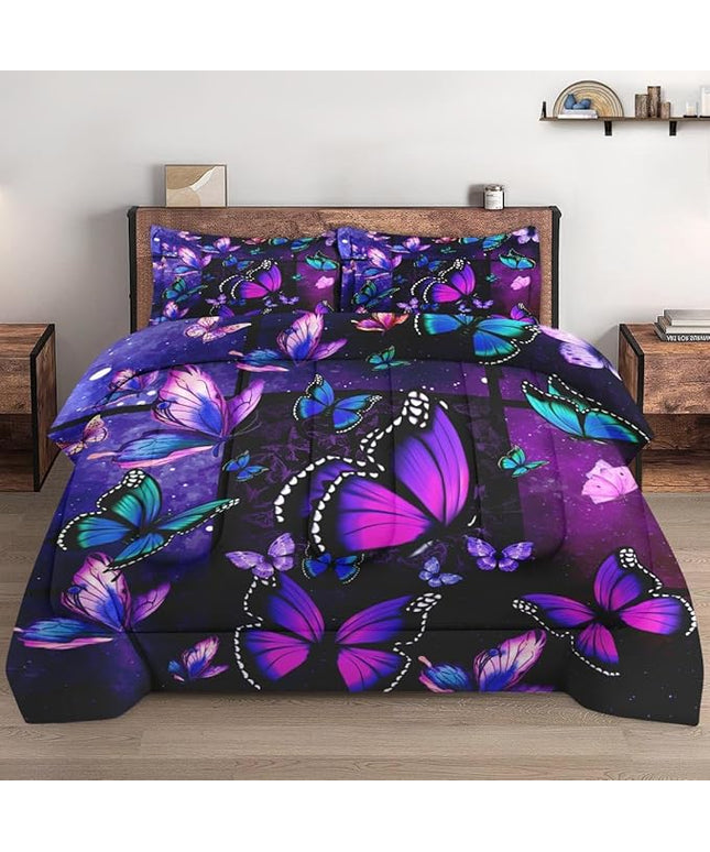 Twin Size Comforter Set with Pillowcase, Summer Tropical Purple Butterfly 2 Pcs Bedding for Kids and Adults, Vintage Spring Galaxy Space Soft Comforter Set for Bedroom Bed Decor