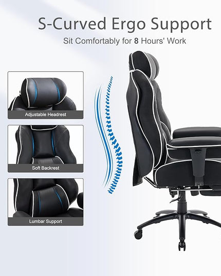 DJ·Wang Big and Tall Office Chair with Foot Rest, High Back Executive Office Chair PU Leather, Ergonomic Chairs with Lumbar Support, 135° Reclining Chairs with Thickened Spring Cushion Black