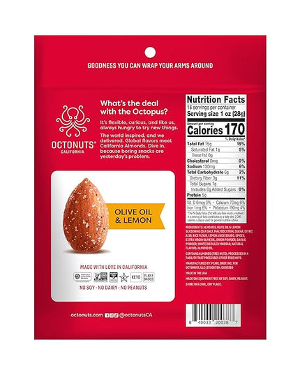 Octonuts Dry Roasted Olive Oil & Lemon Almonds – 16oz Resealable Bag - Healthy Snack for Adults and Kids - Plant Protein with Fiber, Calcium & Iron - Low Carb, Low Calorie - Non-GMO, Gluten Free Snacks