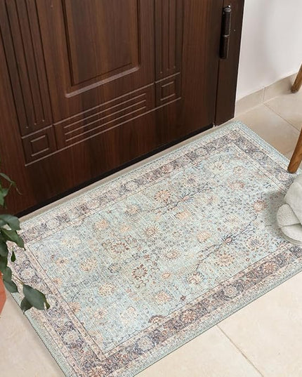 GLN Rugs Traditional Collection - Machine Washable Area Rug, Traditional Washable, Non Slip, Low Pile Chenille Rug, Living Room, Bedroom, Kitchen Rug (2'x3' Blue Floral)