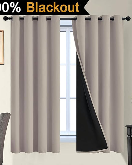 Yakamok 100% Blackout Curtains 63 Inches Long, 2 Thick Layers Heat and Full Light Blocking Soft Thermal Insulated Drapes for Bedroom(52" Wide Each Panel, Natural, 2 Panels)