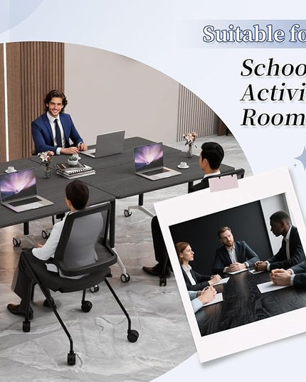 Conference Table, Folding Conference Room Tables on Wheels, Modern Meeting Seminar Table Computer Desk, Boardroom Desk for Office Meeting Conference Room,White,8 Pack 63inch