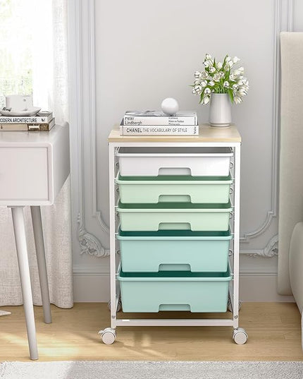 Craft cart,Rolling Cart with Drawers,Storage Cart with 5 Drawers and Wooden Tabletop for Under Desk Organizers and Storage,Green
