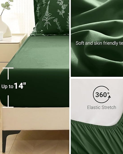 MUXHOMO Dark Green King Comforter Set, Elegant Floral Print Bed in a Bag 7 Pieces, Ultra Soft & Breathable Reversible Botanical Pattern Bedding Set with Comforter, Sheets, Pillowcases, and Shams
