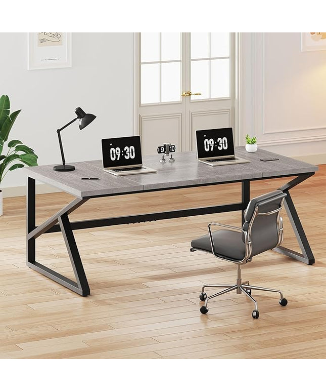 IBF 70 Inch Large Home Office Desk, Industrial Long Executive Work Writing Study Computer Table, Farmhouse Big Metal Wood Double Desk for Bedroom Living Room, Rustic Dual Monitor Desk, Light Grey