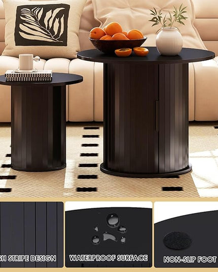 COSVALVE Nesting Coffee Table Set of 2 with Hidden Storage & Sliding Door, Circle Wood Coffee Table, Farmhouse Side & End Table Sets for Living Room, Small Spaces, Black