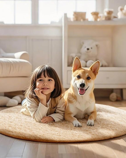 Ophanie Round Rug 4Ft Beige Circle Area Rug, Fluffy Fuzzy Small Bedroom Carpet, Plush Soft Shaggy Floor Living Room Circular Christmas Decor for Kids Boys Girls Home Aesthetic, Nursery, Classroom