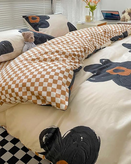 CLOTHKNOW Black Floral Twin/Twin XL Comforter Set Sunflower Bedding Comforter Sets Brown Plaid Comforter Boho Comforter with 2 x Pillowcases