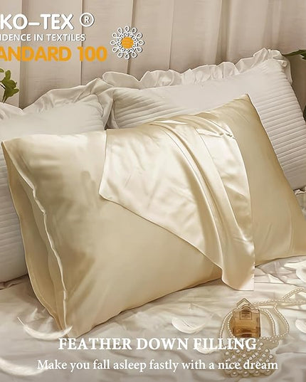 BHZ Beige Satin Goose Down Feather Pillows Standard Size with Pillowcase for Hair and Skin, Cooling Pillow Cases Similar to Silk Pillow Cases, Decorative for Women, Mom Men