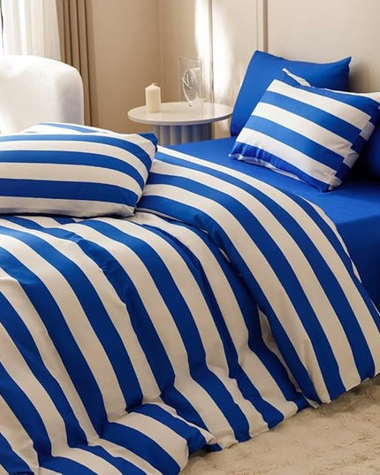 CLOTHKNOW Striped Comforter Set King 3Pcs Blue White Bedding Comforter Sets Blue White Stripes Comforter King All Season Lightweight Bed Set King