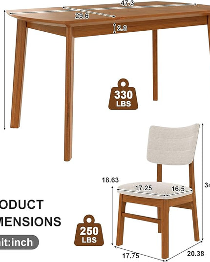 5-Piece Wooden Dining Set Mid-Century Modern Dinner Table and 4 Upholstered Chairs Rectangular Table with Chairs Set Rubberwood Legs Linen Padded Seat & Backrest for Dining Room Kitchen Apartment