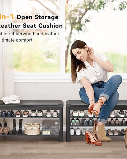 Entryway Shoe Storage Bench with Leather Cushion, Shoe Organizer Bench for Entryway, Ideal for Hallways Front Doors Entrances Mudrooms Featuring Rubberwood And 3 Height-Adjustable & Removable Shelve