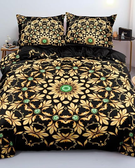 Golden Scrolls Print Duvet Cover and Pillow Shams Green Gems Deco for Girls and Boys Bedding Set Queen Size Black Color Bed Sets