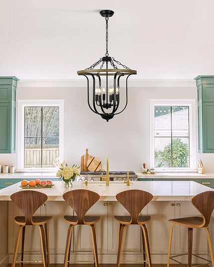 Black Farmhouse Chandelier Light Fixture, 6-Light Rustic Lantern Pendant Light,Vintage Cage Chandelier for Entryway Foyer Dining Room Kitchen Island Hallway.