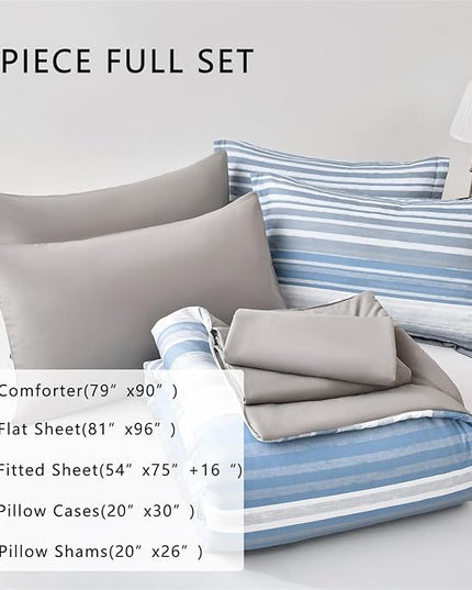 KAKIJUMN 7 Piece Bed in a Bag Stripe Comforter Set Full Size, White Grey Blue Striped Comforter and Sheet Set, All Season Soft Microfiber Complete Bedding Set(Light Blue,Full)