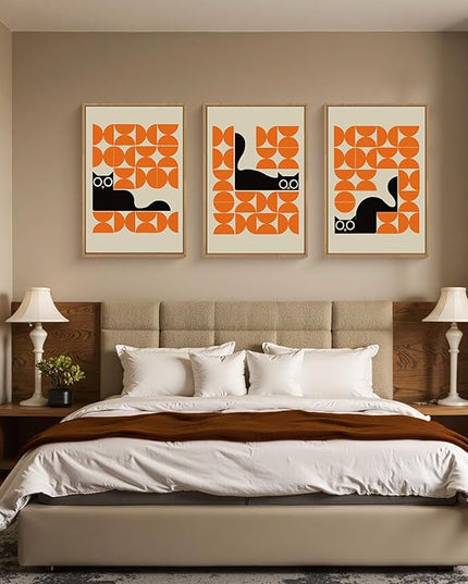 HOURIA Geometric Black Cat Framed Canvas Wall Art Set,Abstract Orange & Cream Wall Decor,Round Eyes Playful Kitten Wall Painting,Modern Animal Prints for Nursery,Living Room,Office - 24"x36"x3