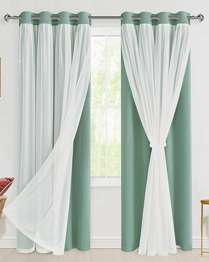 Hiasan Light Sage Green Blackout Curtains for Bedroom,Thermal Insulated Mix & Match Double Layer Room Darkening Curtains for Living Room,Nursery,2 Window Panels Sewn with Tiebacks,52W X 84L