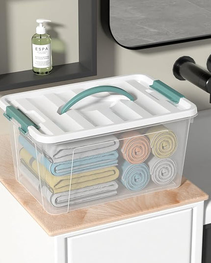 Jekiyo 14 Quart Clear Storage Box with Handle, Plastic Latching Bins with Lids, 4 Packs