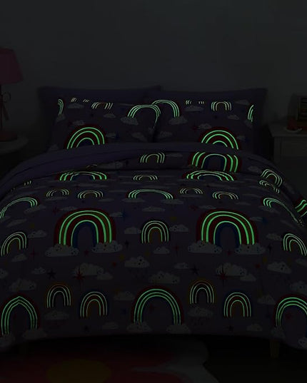 Full Size Comforter Set for Girls-7 Pieces Purple Rainbow Glow in The Dark Full Bedding Sets for Kids, Ultra Soft Bed in A Bag with Sheets