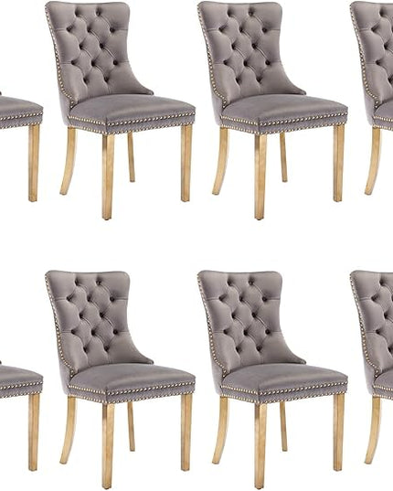 SoarFlash Velvet Dining Chair Set of 8, Upholstered Tufted Dining Room Chair with Nailhead Trim and Solid Gold Plated Leg for Kitchen(Grey)