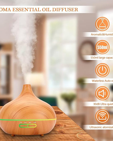 550 ML Aroma Diffiser with Essential Oils Set, Essential Oil Diffuser with Remote, Ultrasonic Technology Aromatherapy Diffusers Auto Shut-Off for Office, Home