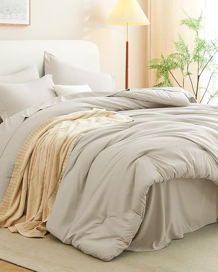 CozyLux Oversized King Comforter Set Beige, 7 Pieces Bed in a Bag Comforter Set with Sheets, Soft Bedding Sets with Down Alternative Comforter, Fitted Sheet, Flat Sheet, Pillow Shams and Pillowcases