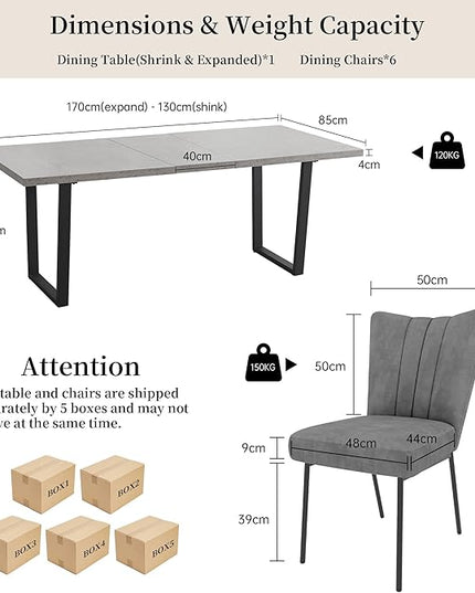 ZckyCine Modern Mid-Century Dining Table Set for 6-8 People Kitchen Dining Room Table Set Extendable Wood Dining Table and 6 Upholstered Chairs, Home Kitchen Furniture