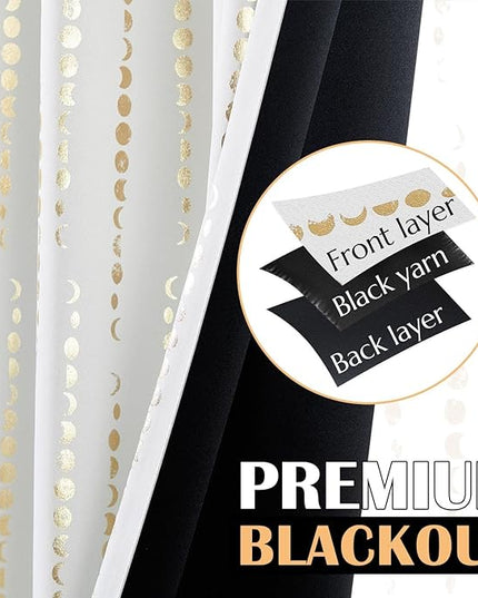 jinchan 95% Blackout Boho Curtains 63 Inch Long for Bedroom Moon Phases Printed Christmas Curtain Festive Holiday Golden on White Drapes Rod Pocket Back Tab Xmas Curtains 2 Panels
