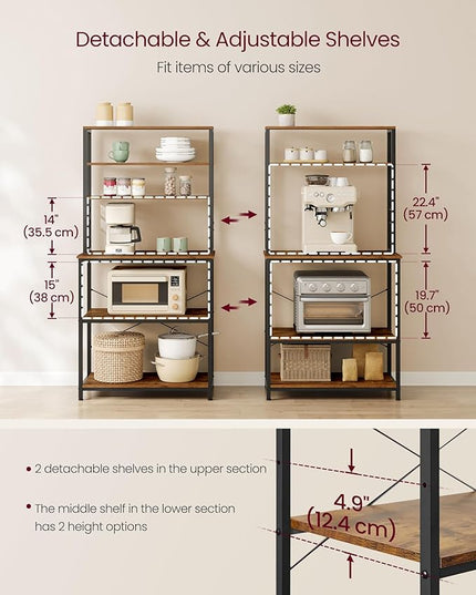 VASAGLE Coffee Bar, 31.5 Inches Baker's Rack for Kitchen with Storage, 6-Tier Kitchen Shelves with 6 Hooks, Microwave Stand, Industrial, Rustic Brown and Ink Black UKKS019B01