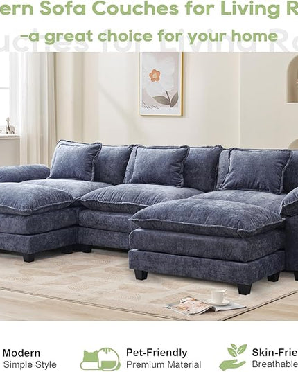 120" Modular Sectional Sofa, Comfy Cloud Couch Sectional Sofa with Ottoman, Chenille Sofa Sleeper Deep Seat Sofa with Throw Pillows for Living Room (Blue, 120"- U Shape)