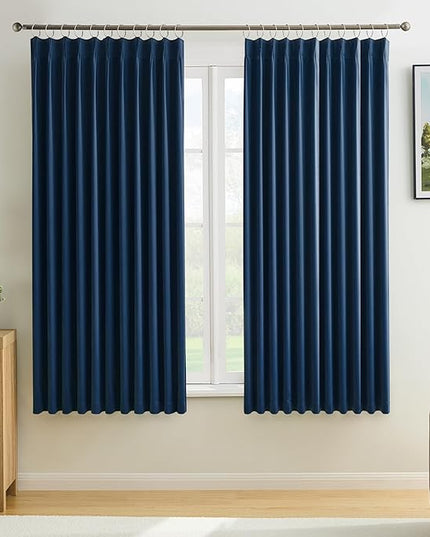 Pinch Pleated Curtains 63 Inches Long 2 Panels Set, Thermal Insulated Blackout Room Darkening Curtain for Bedroom,Window Draperies with Hooks(Navy Blue,72x63-inch)