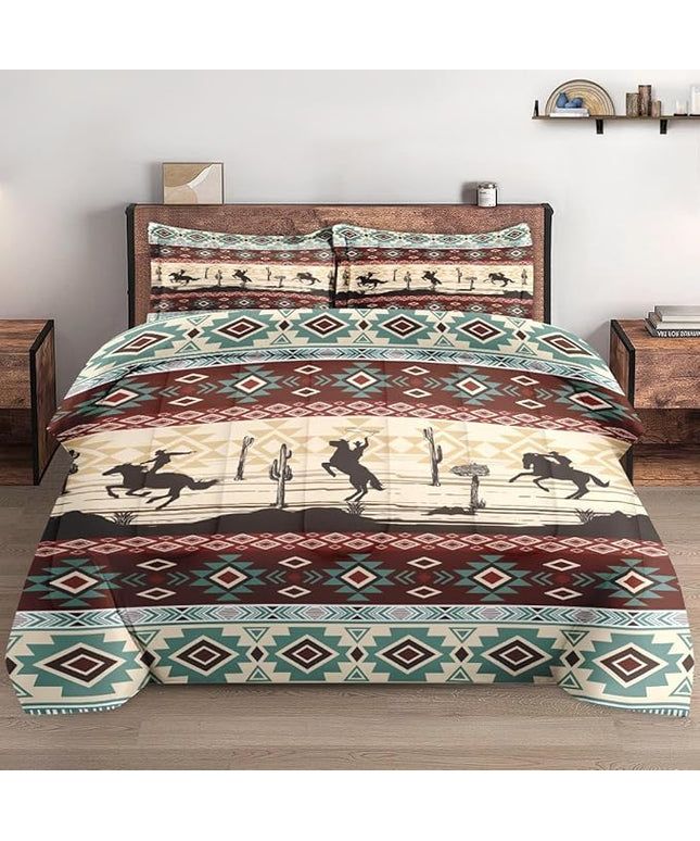 Twin Size Comforter Set with Pillowcase, Tribal Cowboy Horses 2 Pcs Bedding for Kids and Adults, Retro Vintage Western Soft Comforter Set for Bedroom Bed Decor