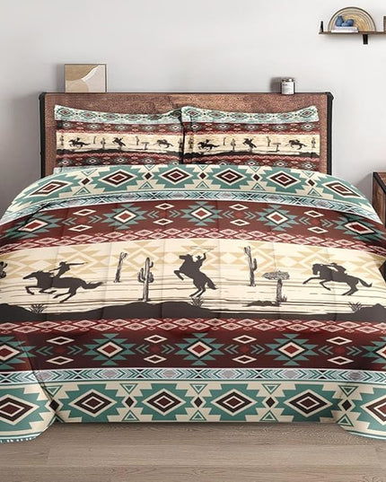 Queen Size Comforter Set with 2 Pillowcases, Tribal Cowboy Horses 3 Pcs Bedding for Kids and Adults, Retro Vintage Western Soft Comforter Set for Bedroom Bed Decor