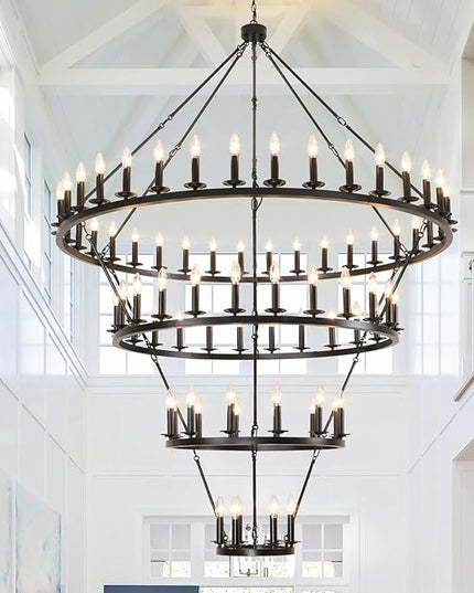 4 Tier Black Wagon Wheel Chandelier,Extra Large 60-Inch 78-Light Circle Light Fixture,Round Chandeliers for Foyer Entryway Dining Room Living Room High Ceilings