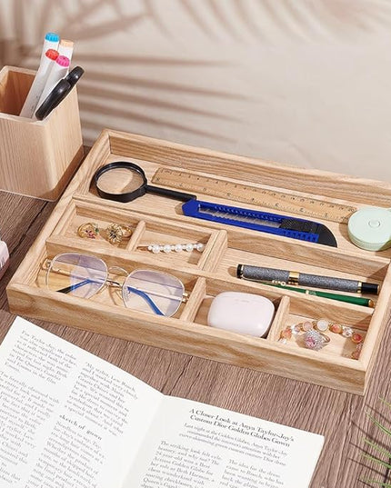PH PandaHall 2pcs Wooden Desk Organizer Tray with Pen Holder Table Storage Box Drawer Organizer Tray Keys Watch Pencil Divided Trays for Home Office School Workspace Organization Desktop Accessories