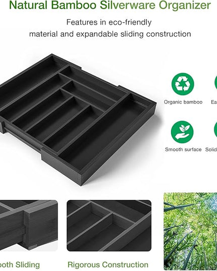 Pipishell Bamboo Expandable Drawer Organizer for Utensils Holder, Adjustable Cutlery Tray, Wood Drawer Dividers Organizer for Silverware, Flatware, Knives in Kitchen, Bedroom, Living Room (Black)